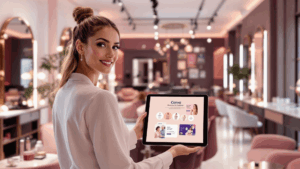 Vrouw in de salon met ipad en canva templates