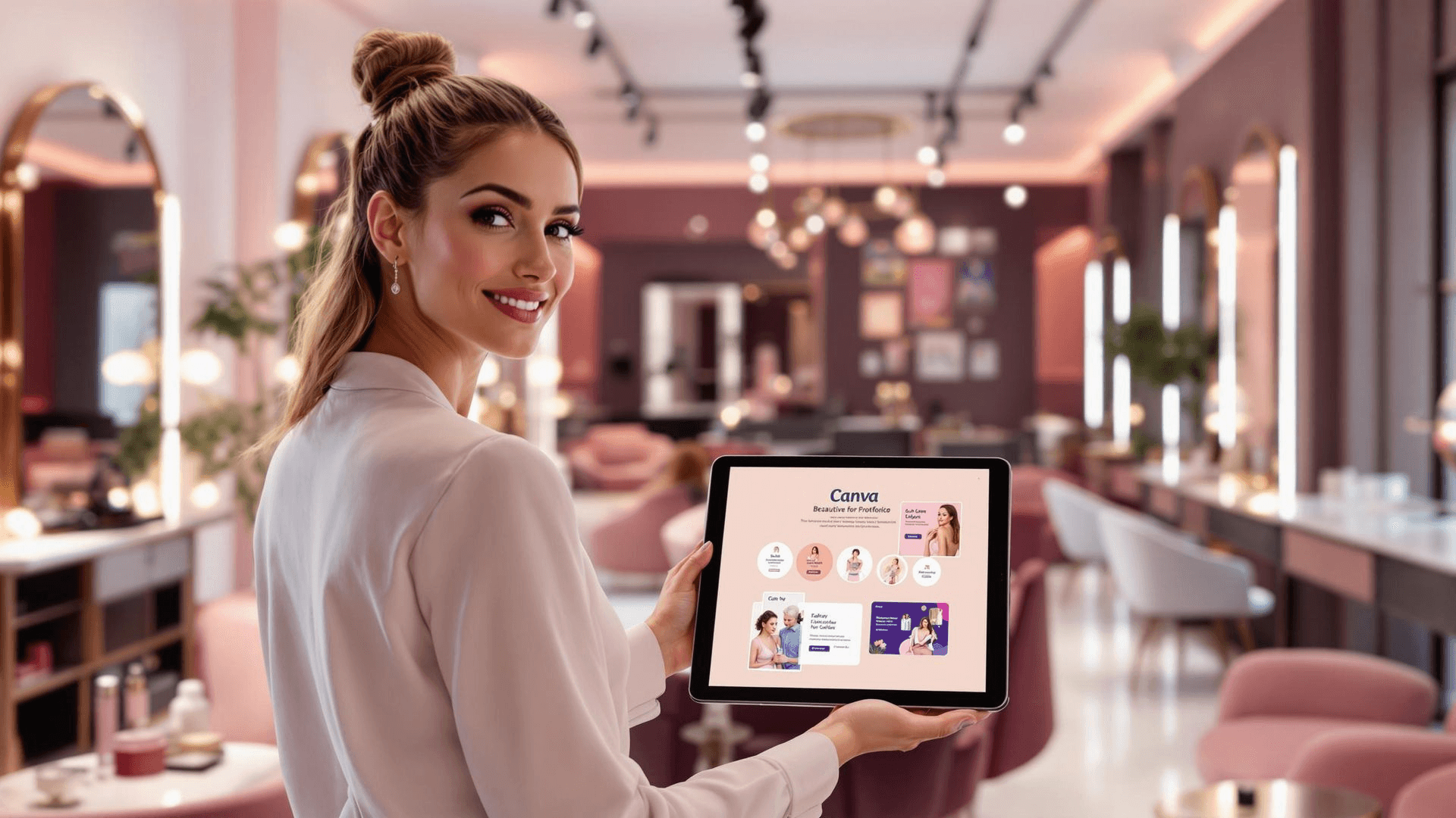 Vrouw in de salon met ipad en canva templates